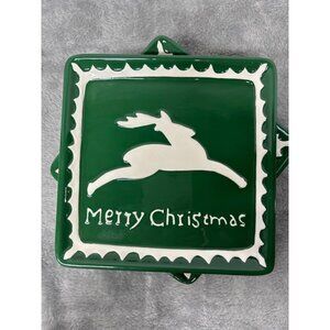 Ceramic Green Square Dessert Plate Reindeer Merry Christmas Holiday Rudolph - 6